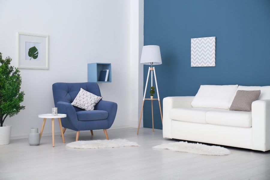 Living room fully drenched in bold paint color